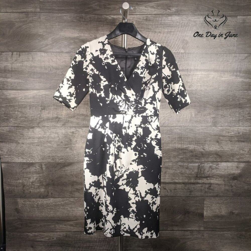 Saks Fifth Avenue Black Label Floral Sheath Dress Black Ivory V Neck Size 2